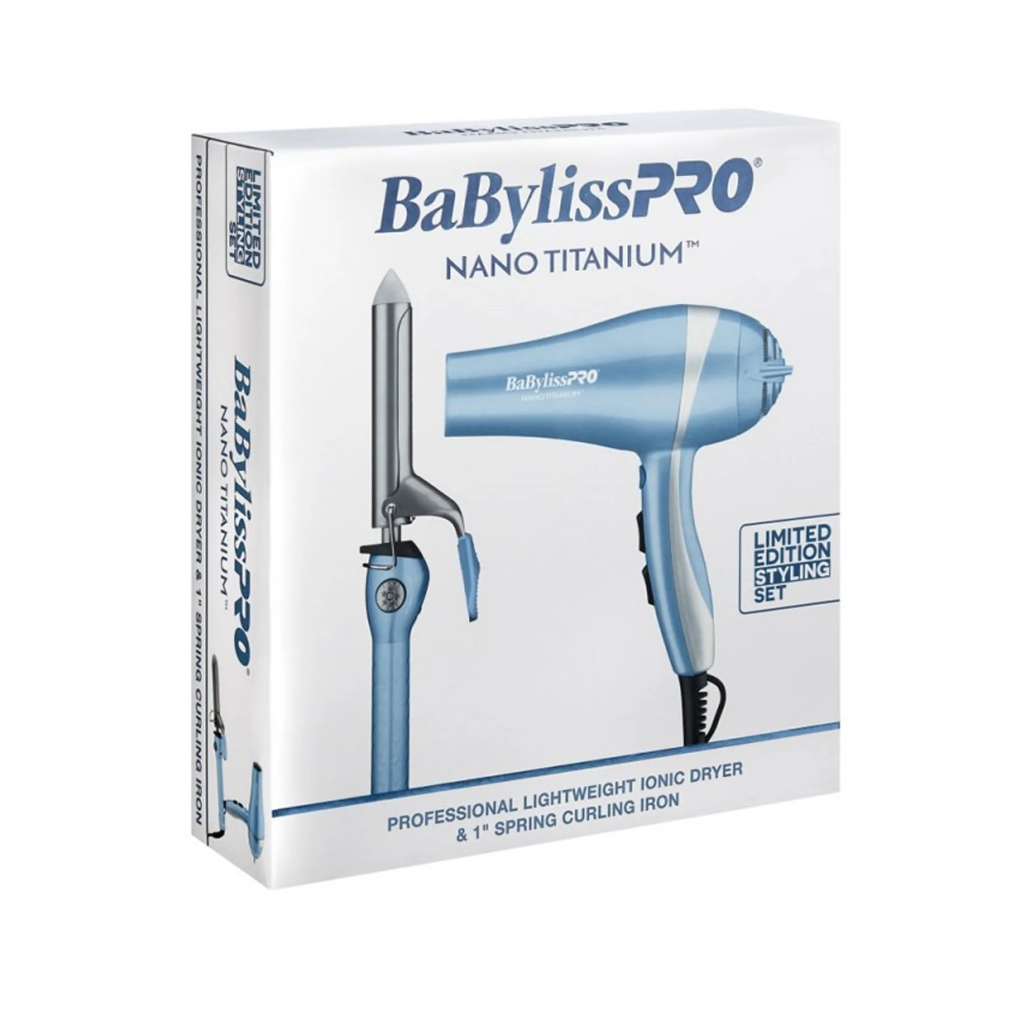 Babyliss - BaBylissPRO Nano Titanium Professional Lightweight Ionic Hair Dryer and 1" Spring Curling Iron Gift Set - Blue