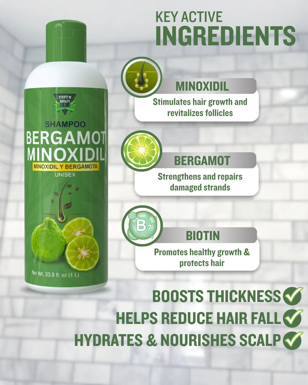 Green Royalty Bergamot Minoxidil & Keratin Collagen Shampoo, Unisex Hair Care - Image 2