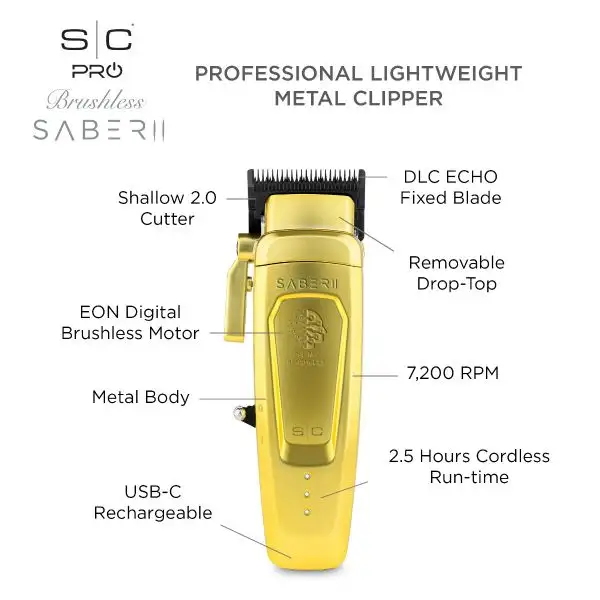 StyleCraft Saber 2.0 Cordless Modular Clipper w/ High-Torque Digital Brushless Motor Gold - Image 4